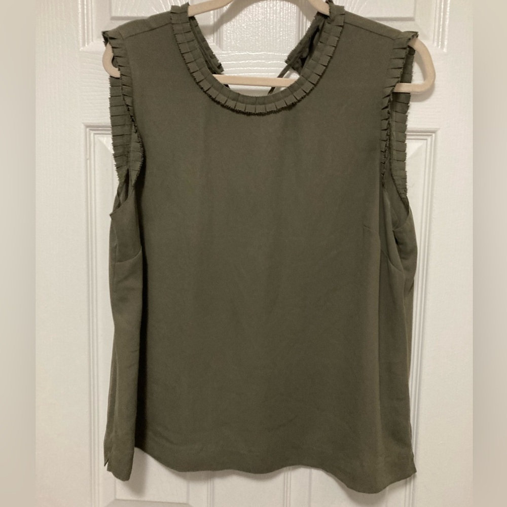 •J. Crew Olive Scoop Neck Size 14 Ruffle Trim Sleeveless Blouse #LW